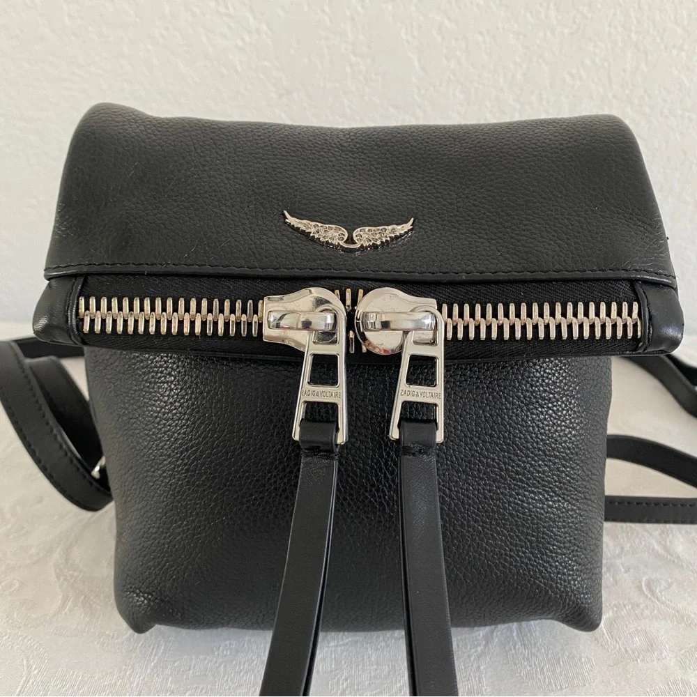 Black Leather Mini Backpack with Silver Details